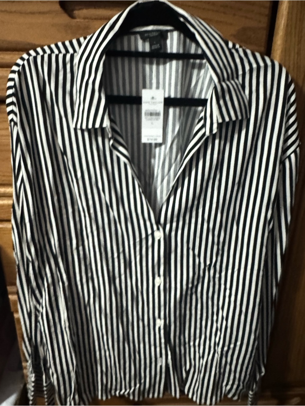 Ann Taylor Black and White Vertical Stripe Dress Shirt size L